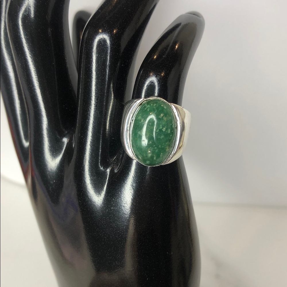 TAXCO Sterling Silver Ring with Green Aventurine Oval Cabochon Gemstone Sz 5-3/4